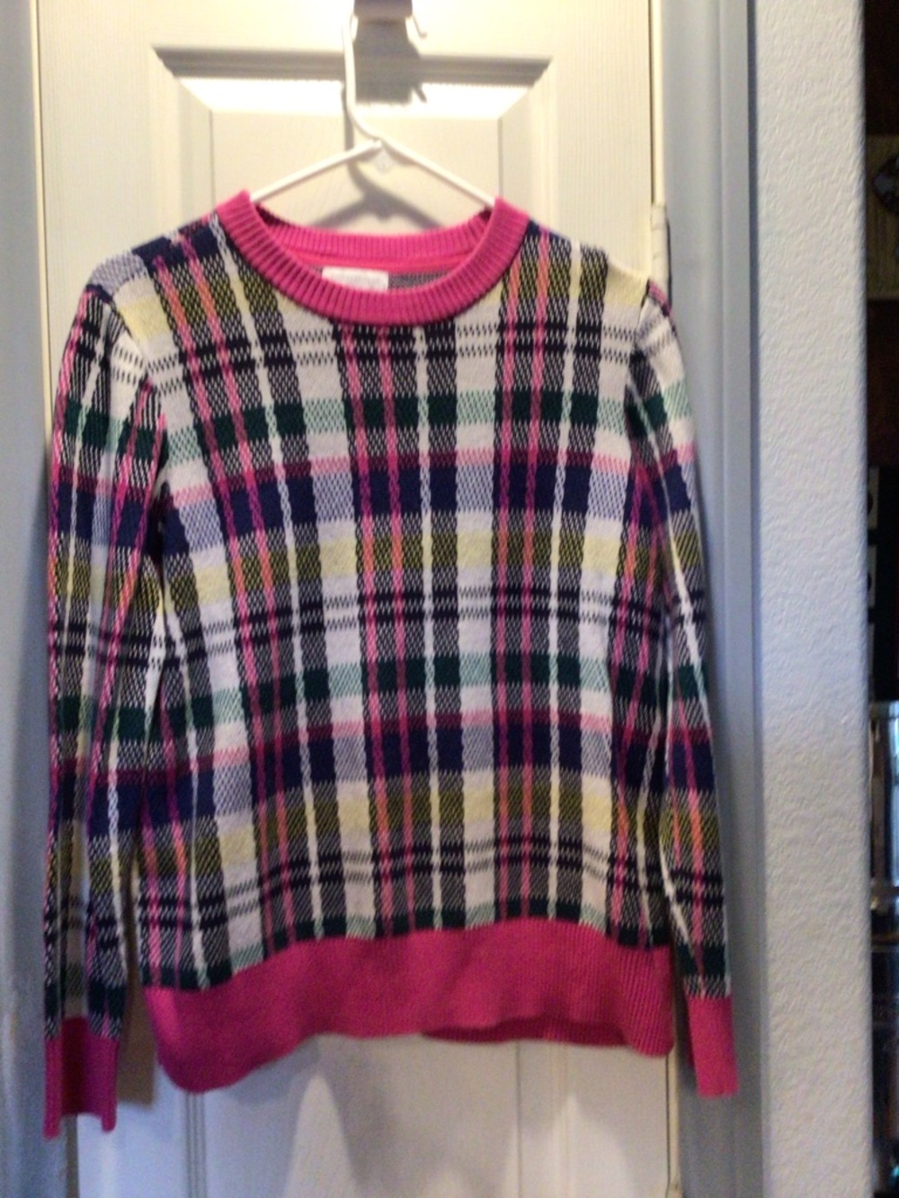 Charter Club Pink, White, Black and Green Plaid Crewneck Sweater